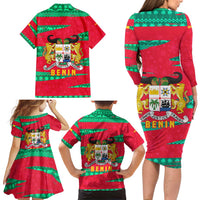 Benin Christmas Family Matching Long Sleeve Bodycon Dress and Hawaiian Shirt with Safari Animals Baobab Tree and National Coat of Arms Design - Wonder Print Shop
