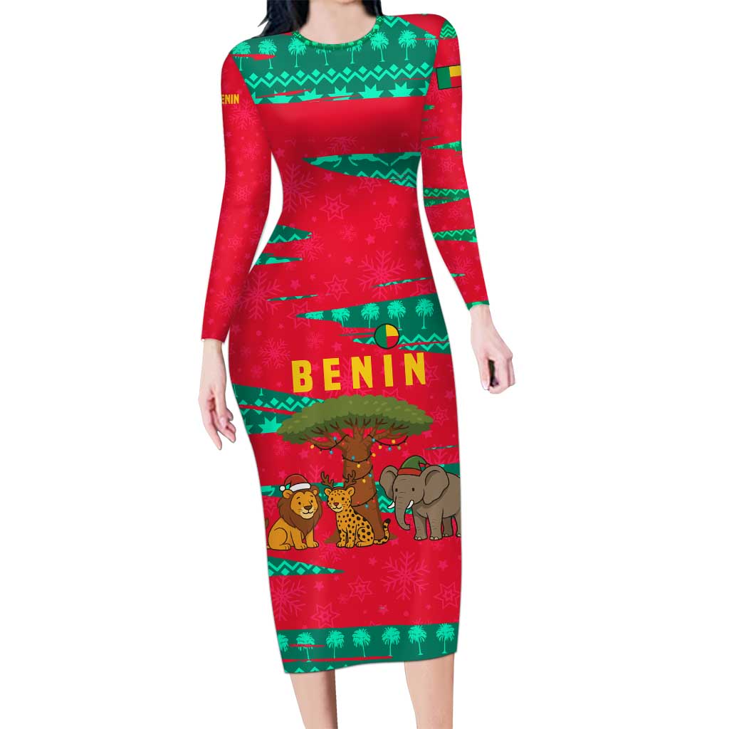 Benin Christmas Family Matching Long Sleeve Bodycon Dress and Hawaiian Shirt with Safari Animals Baobab Tree and National Coat of Arms Design - Wonder Print Shop