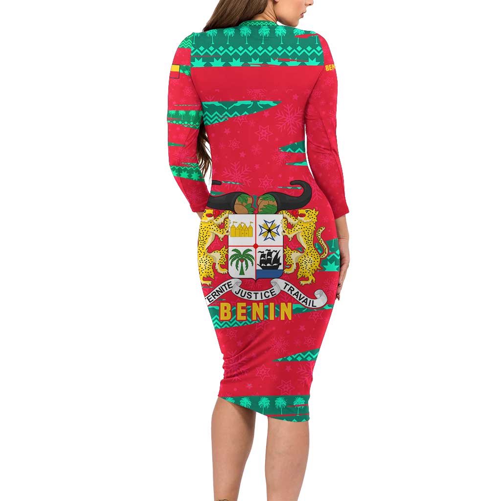 Benin Christmas Family Matching Long Sleeve Bodycon Dress and Hawaiian Shirt with Safari Animals Baobab Tree and National Coat of Arms Design - Wonder Print Shop