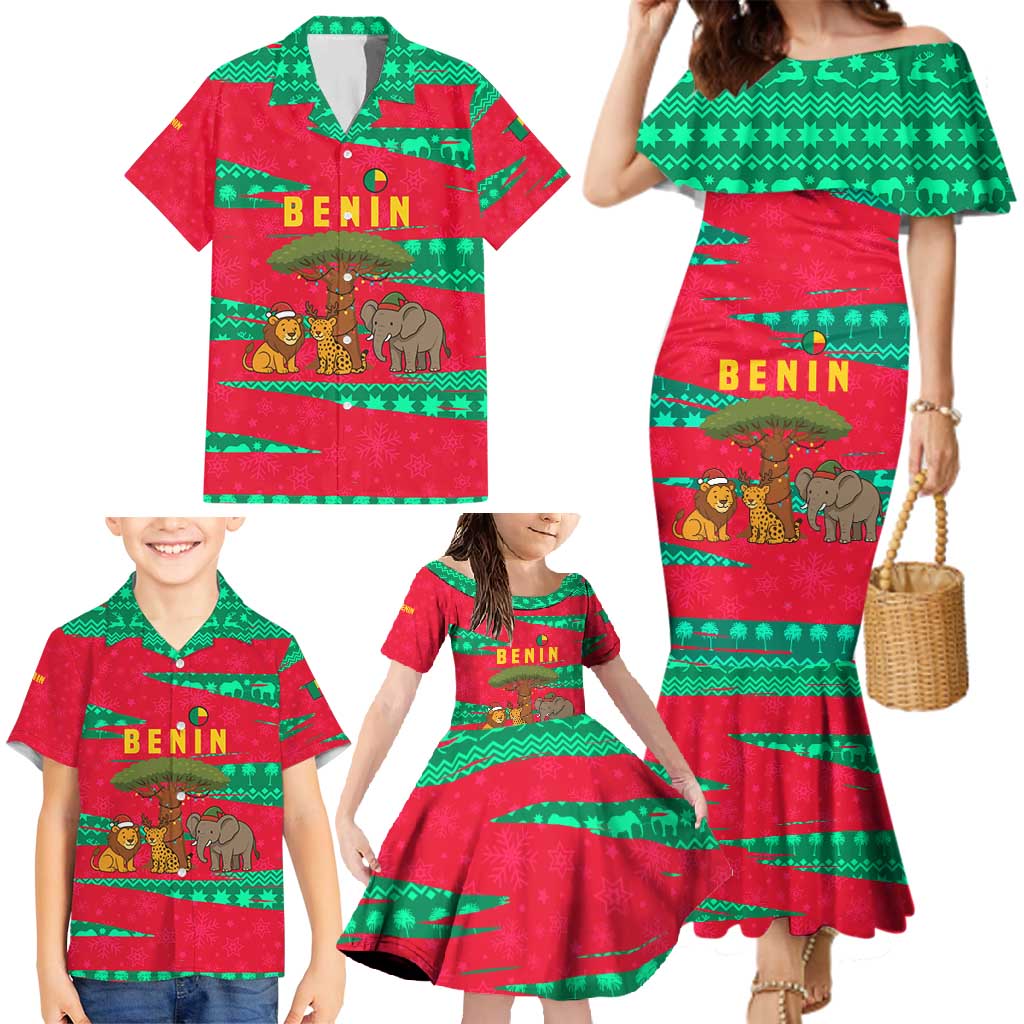 Benin Christmas Family Matching Mermaid Dress and Hawaiian Shirt with Safari Animals Baobab Tree and National Coat of Arms Design - Wonder Print Shop