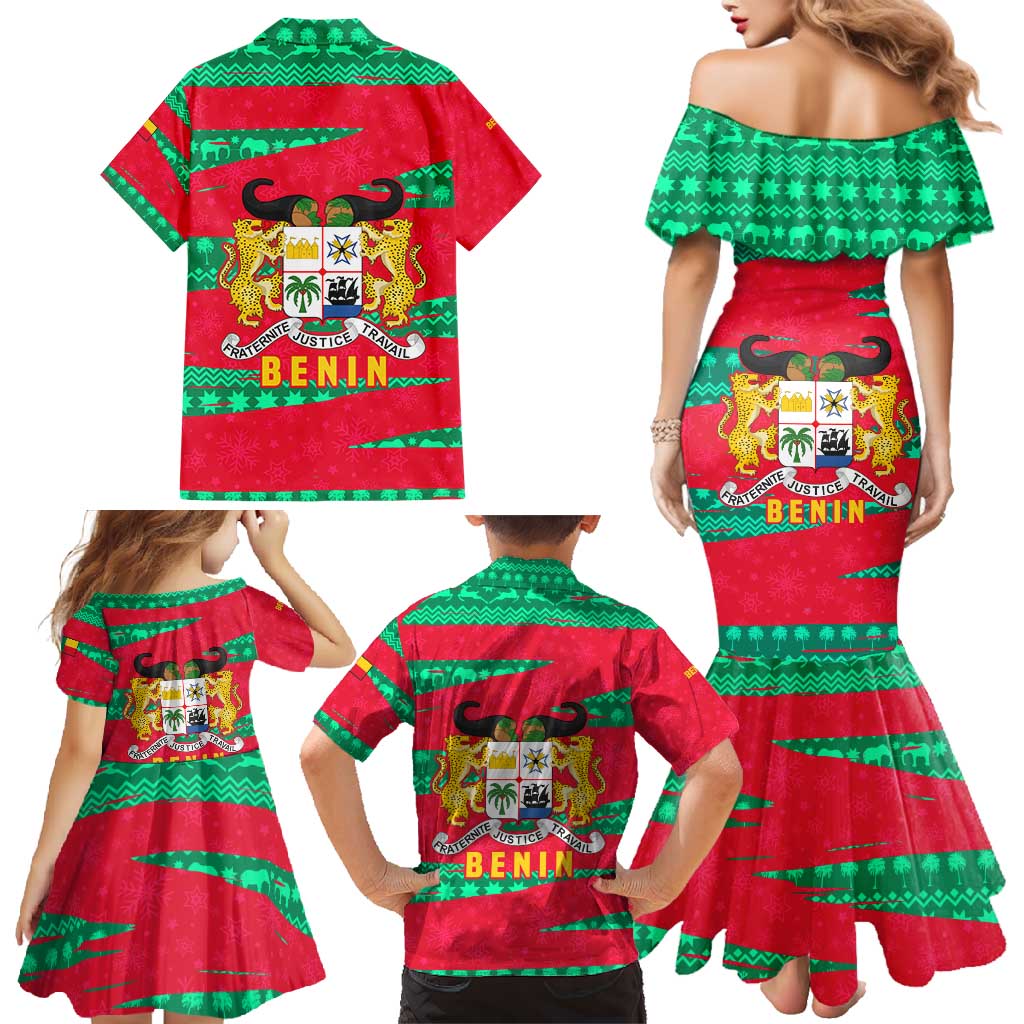 Benin Christmas Family Matching Mermaid Dress and Hawaiian Shirt with Safari Animals Baobab Tree and National Coat of Arms Design - Wonder Print Shop