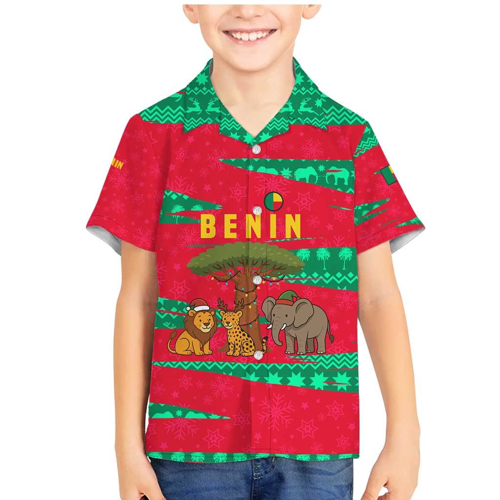 Benin Christmas Family Matching Mermaid Dress and Hawaiian Shirt with Safari Animals Baobab Tree and National Coat of Arms Design - Wonder Print Shop