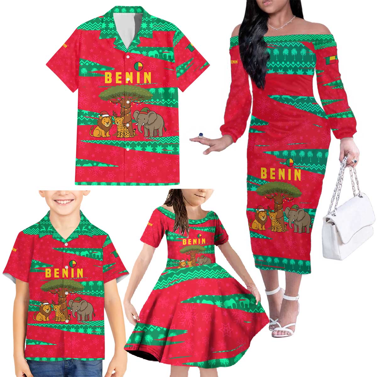 Benin Christmas Family Matching Off The Shoulder Long Sleeve Dress and Hawaiian Shirt with Safari Animals Baobab Tree and National Coat of Arms Design - Wonder Print Shop