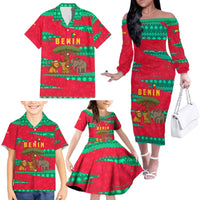 Benin Christmas Family Matching Off The Shoulder Long Sleeve Dress and Hawaiian Shirt with Safari Animals Baobab Tree and National Coat of Arms Design - Wonder Print Shop