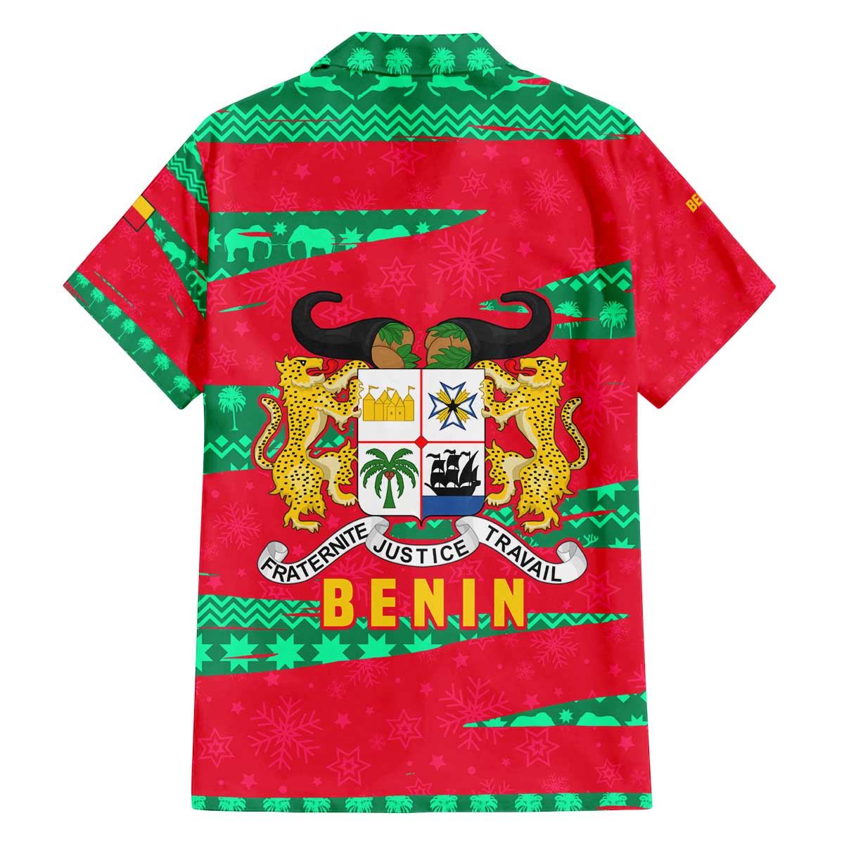 Benin Christmas Family Matching Off The Shoulder Long Sleeve Dress and Hawaiian Shirt with Safari Animals Baobab Tree and National Coat of Arms Design - Wonder Print Shop