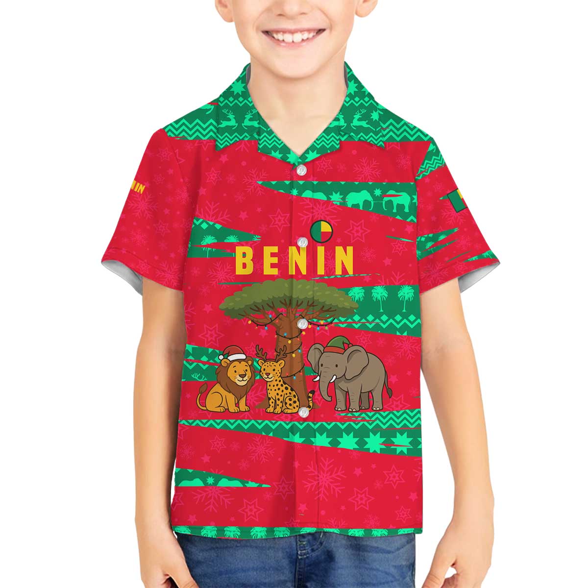 Benin Christmas Family Matching Off The Shoulder Long Sleeve Dress and Hawaiian Shirt with Safari Animals Baobab Tree and National Coat of Arms Design - Wonder Print Shop