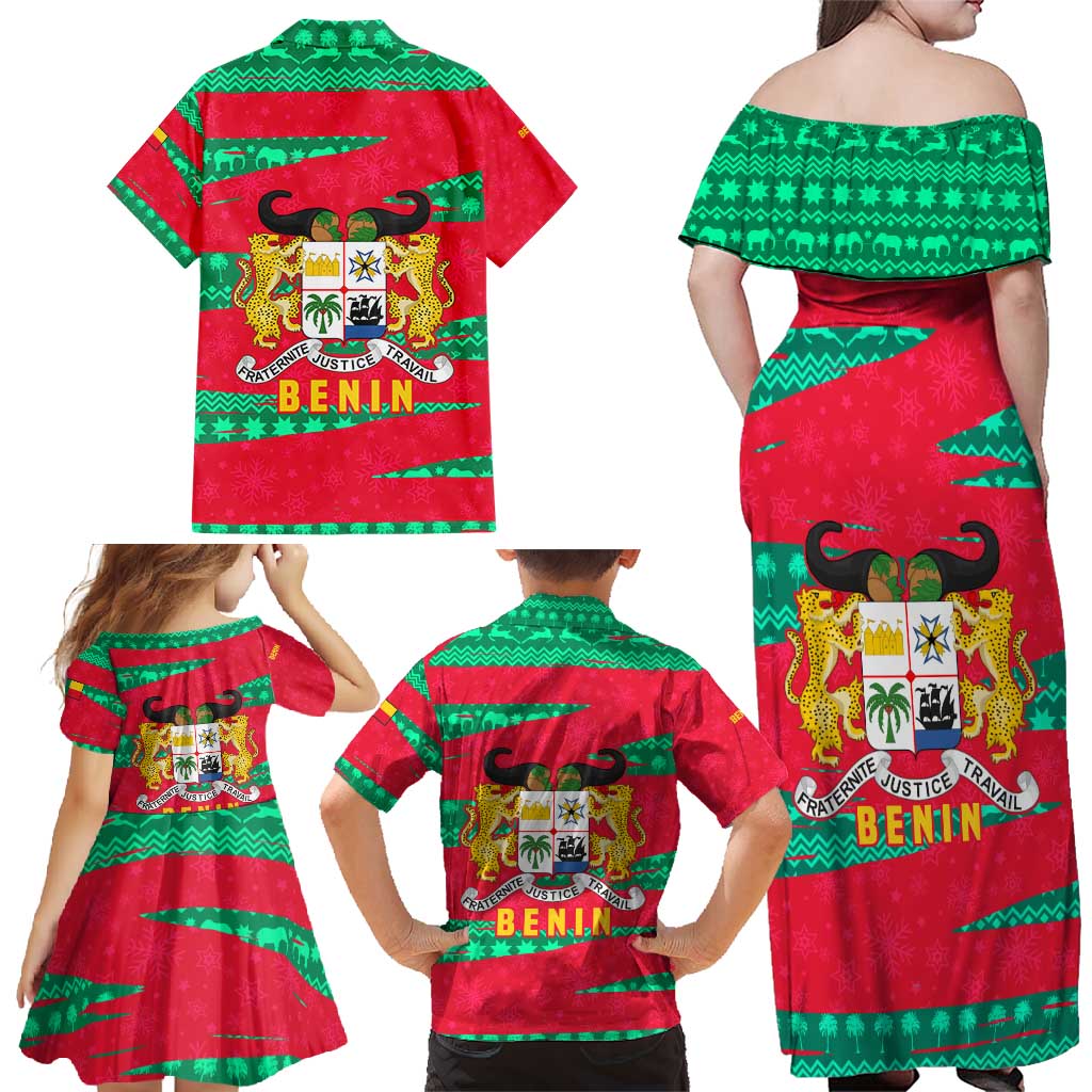 Benin Christmas Family Matching Off Shoulder Maxi Dress and Hawaiian Shirt with Safari Animals Baobab Tree and National Coat of Arms Design - Wonder Print Shop