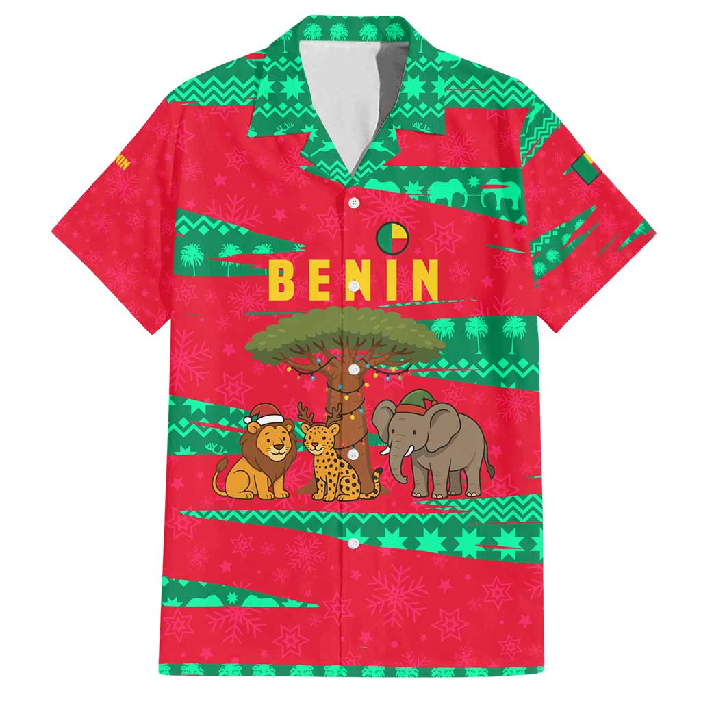 Benin Christmas Family Matching Off Shoulder Maxi Dress and Hawaiian Shirt with Safari Animals Baobab Tree and National Coat of Arms Design - Wonder Print Shop