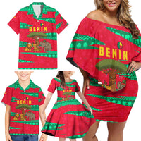 Benin Christmas Family Matching Off Shoulder Short Dress and Hawaiian Shirt with Safari Animals Baobab Tree and National Coat of Arms Design - Wonder Print Shop