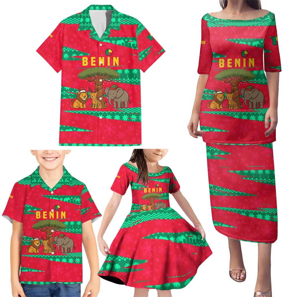 Benin Christmas Family Matching Puletasi and Hawaiian Shirt with Safari Animals Baobab Tree and National Coat of Arms Design - Wonder Print Shop