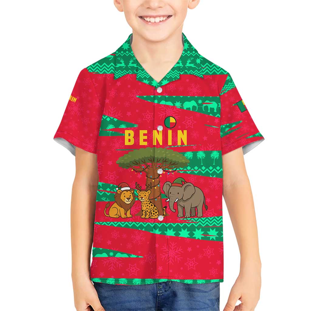 Benin Christmas Family Matching Puletasi and Hawaiian Shirt with Safari Animals Baobab Tree and National Coat of Arms Design - Wonder Print Shop