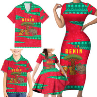 Benin Christmas Family Matching Short Sleeve Bodycon Dress and Hawaiian Shirt with Safari Animals Baobab Tree and National Coat of Arms Design - Wonder Print Shop