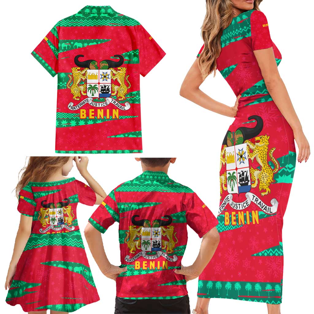 Benin Christmas Family Matching Short Sleeve Bodycon Dress and Hawaiian Shirt with Safari Animals Baobab Tree and National Coat of Arms Design - Wonder Print Shop