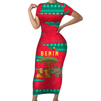 Benin Christmas Family Matching Short Sleeve Bodycon Dress and Hawaiian Shirt with Safari Animals Baobab Tree and National Coat of Arms Design - Wonder Print Shop