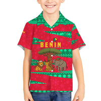 Benin Christmas Family Matching Short Sleeve Bodycon Dress and Hawaiian Shirt with Safari Animals Baobab Tree and National Coat of Arms Design - Wonder Print Shop