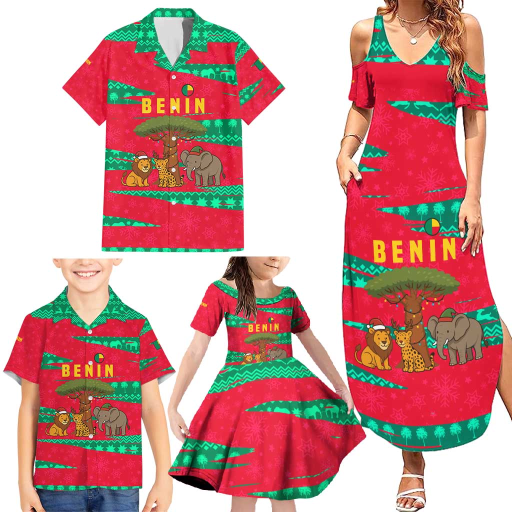 Benin Christmas Family Matching Summer Maxi Dress and Hawaiian Shirt with Safari Animals Baobab Tree and National Coat of Arms Design - Wonder Print Shop