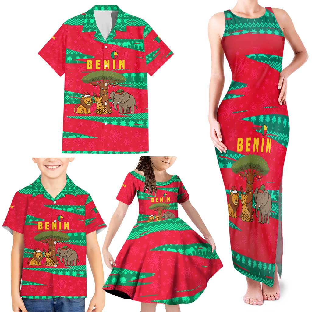 Benin Christmas Family Matching Tank Maxi Dress and Hawaiian Shirt with Safari Animals Baobab Tree and National Coat of Arms Design - Wonder Print Shop