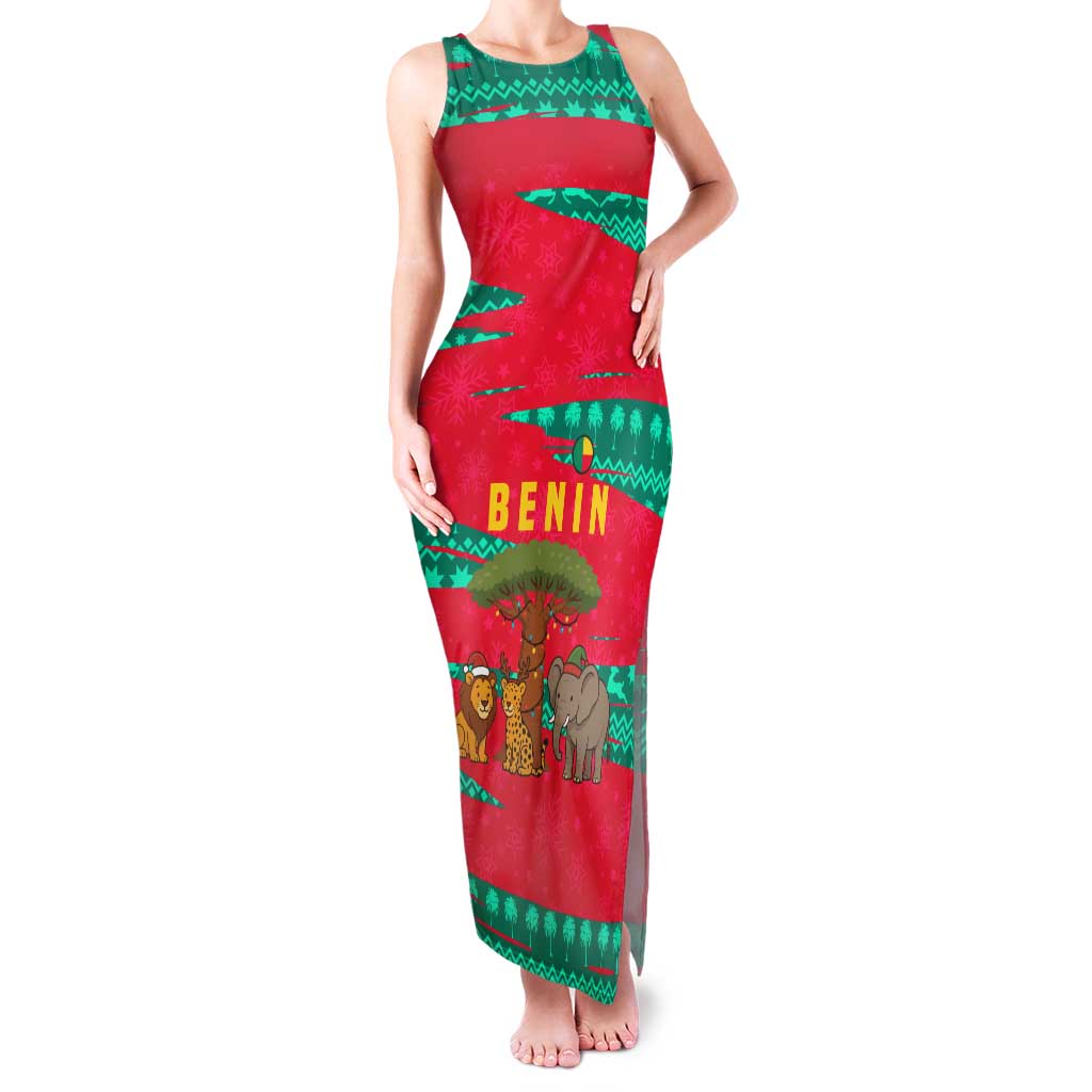 Benin Christmas Family Matching Tank Maxi Dress and Hawaiian Shirt with Safari Animals Baobab Tree and National Coat of Arms Design - Wonder Print Shop