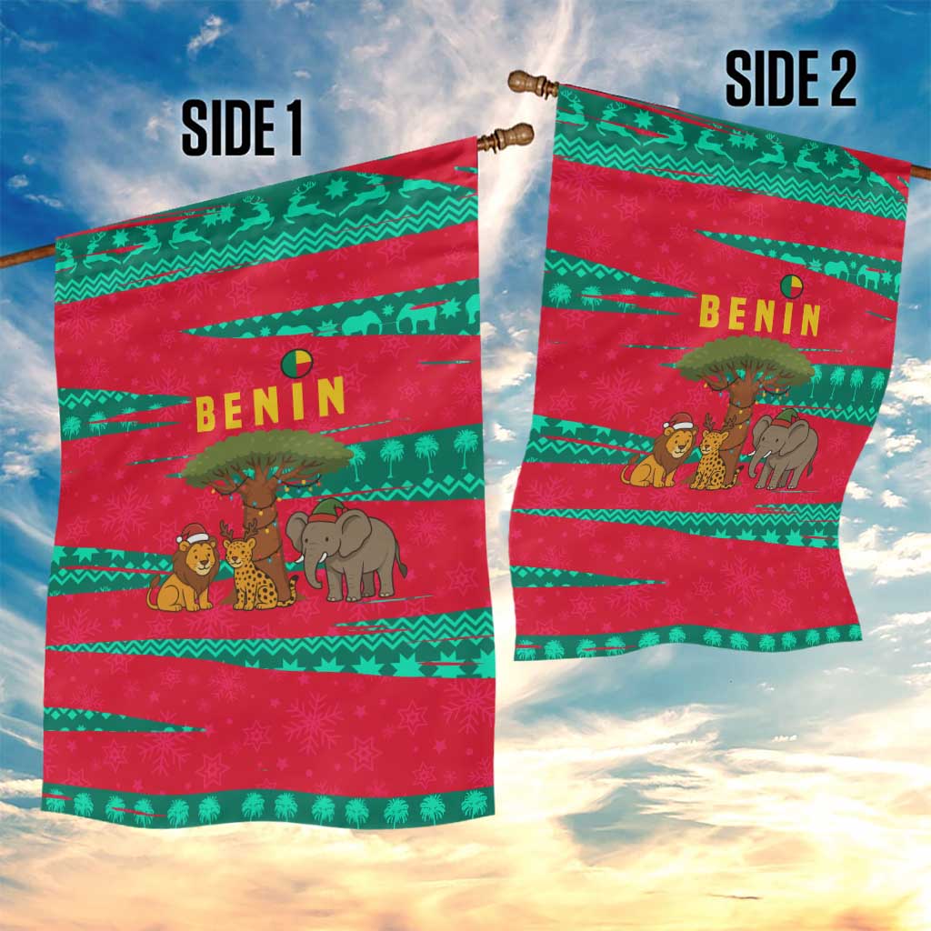 Benin Christmas Garden Flag with Safari Animals Baobab Tree and National Coat of Arms Design - Wonder Print Shop