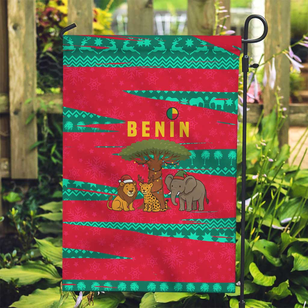 Benin Christmas Garden Flag with Safari Animals Baobab Tree and National Coat of Arms Design - Wonder Print Shop