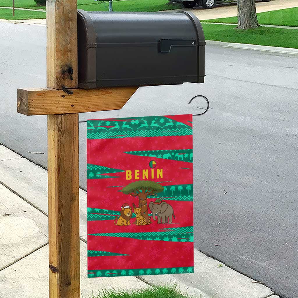 Benin Christmas Garden Flag with Safari Animals Baobab Tree and National Coat of Arms Design - Wonder Print Shop