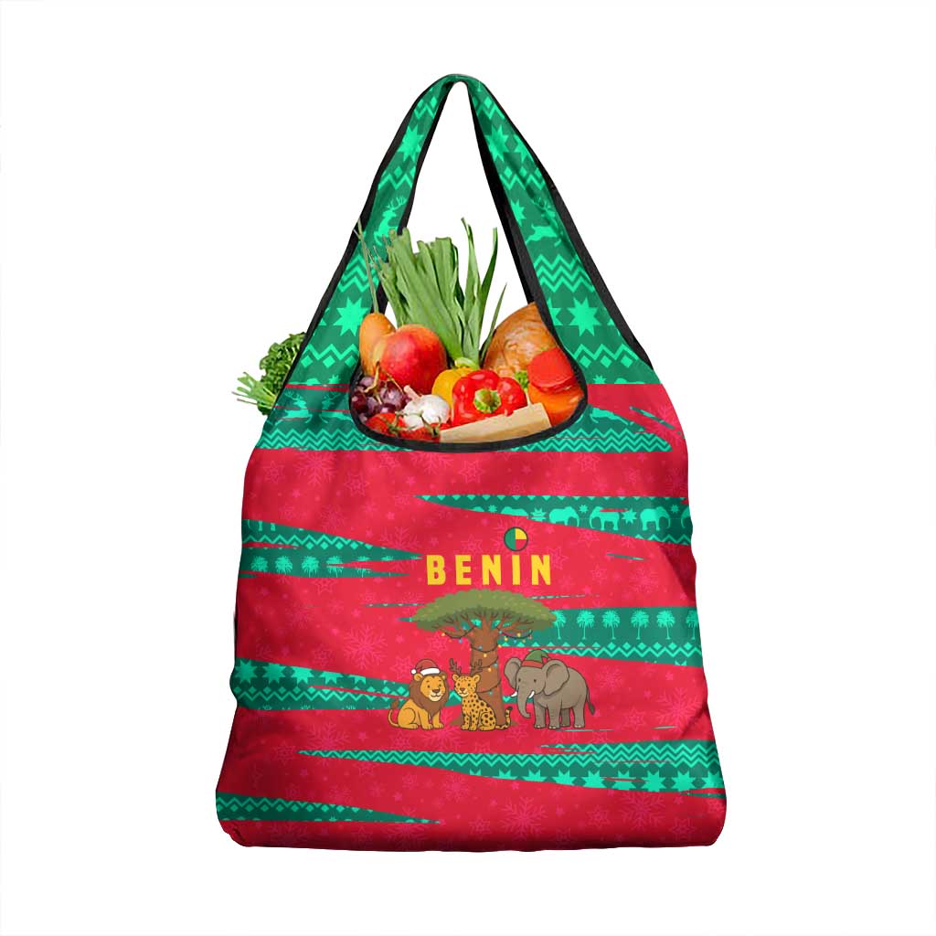 Benin Christmas Grocery Bag with Safari Animals Baobab Tree and National Coat of Arms Design - Wonder Print Shop