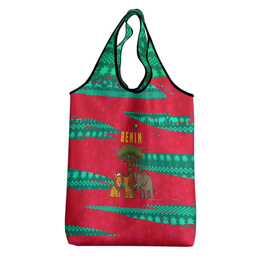 Benin Christmas Grocery Bag with Safari Animals Baobab Tree and National Coat of Arms Design - Wonder Print Shop