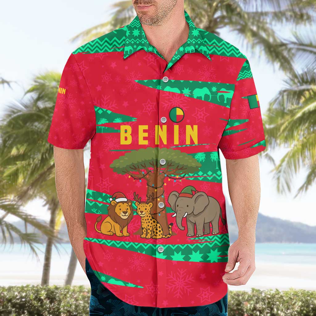 Benin Christmas Hawaiian Shirt with Safari Animals Baobab Tree and National Coat of Arms Design - Wonder Print Shop