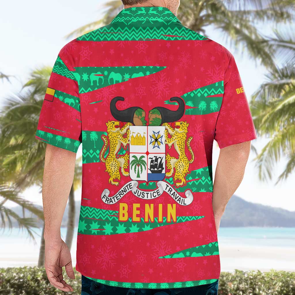 Benin Christmas Hawaiian Shirt with Safari Animals Baobab Tree and National Coat of Arms Design - Wonder Print Shop
