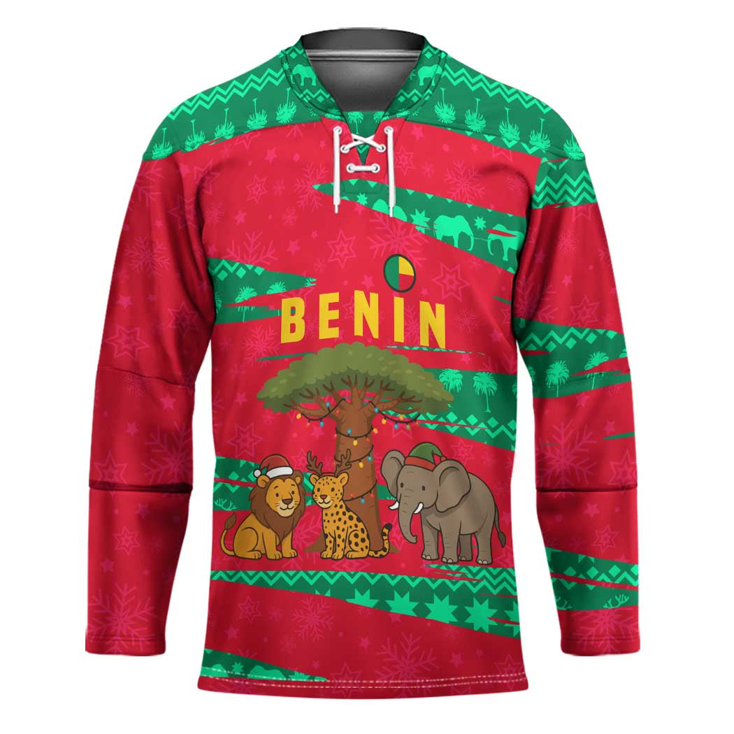 Benin Christmas Hockey Jersey with Safari Animals Baobab Tree and National Coat of Arms Design - Wonder Print Shop