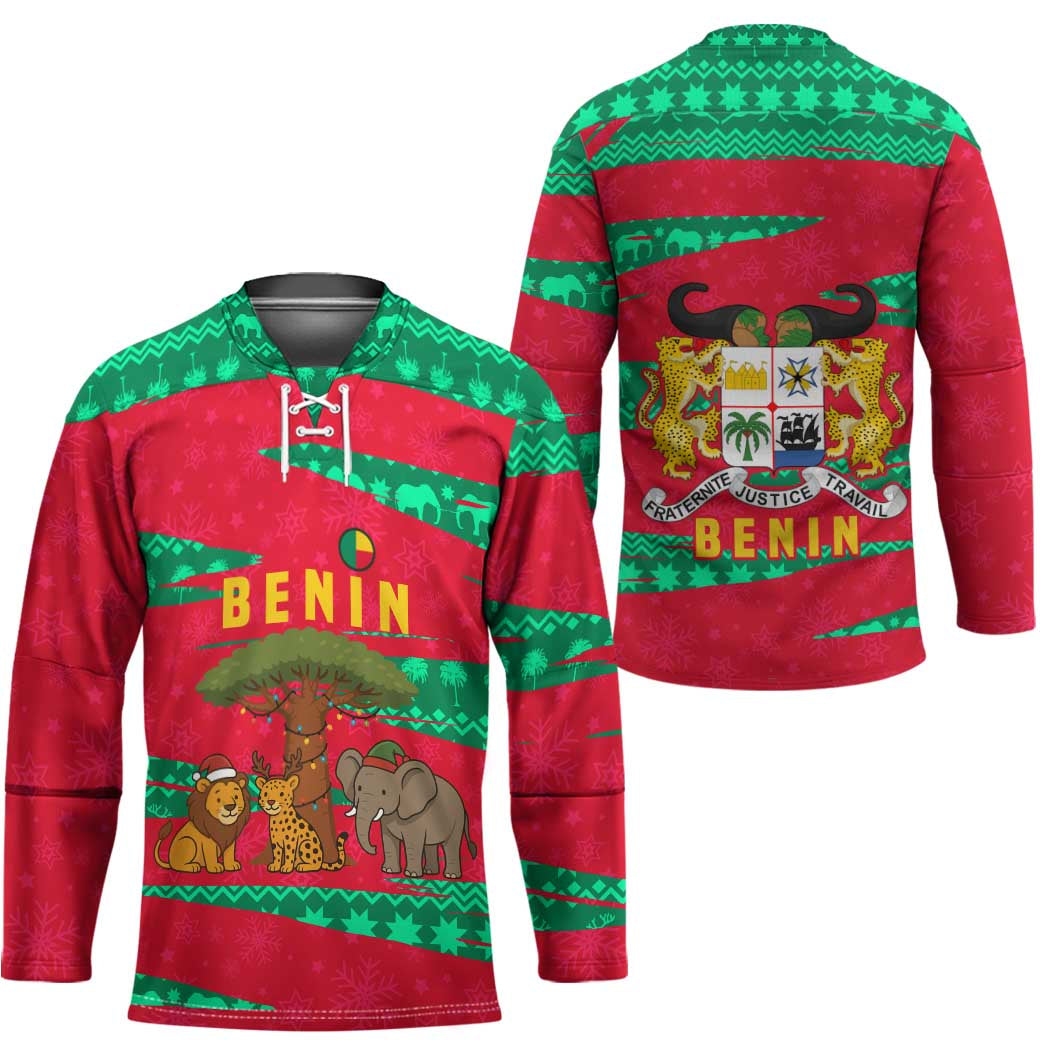 Benin Christmas Hockey Jersey with Safari Animals Baobab Tree and National Coat of Arms Design - Wonder Print Shop