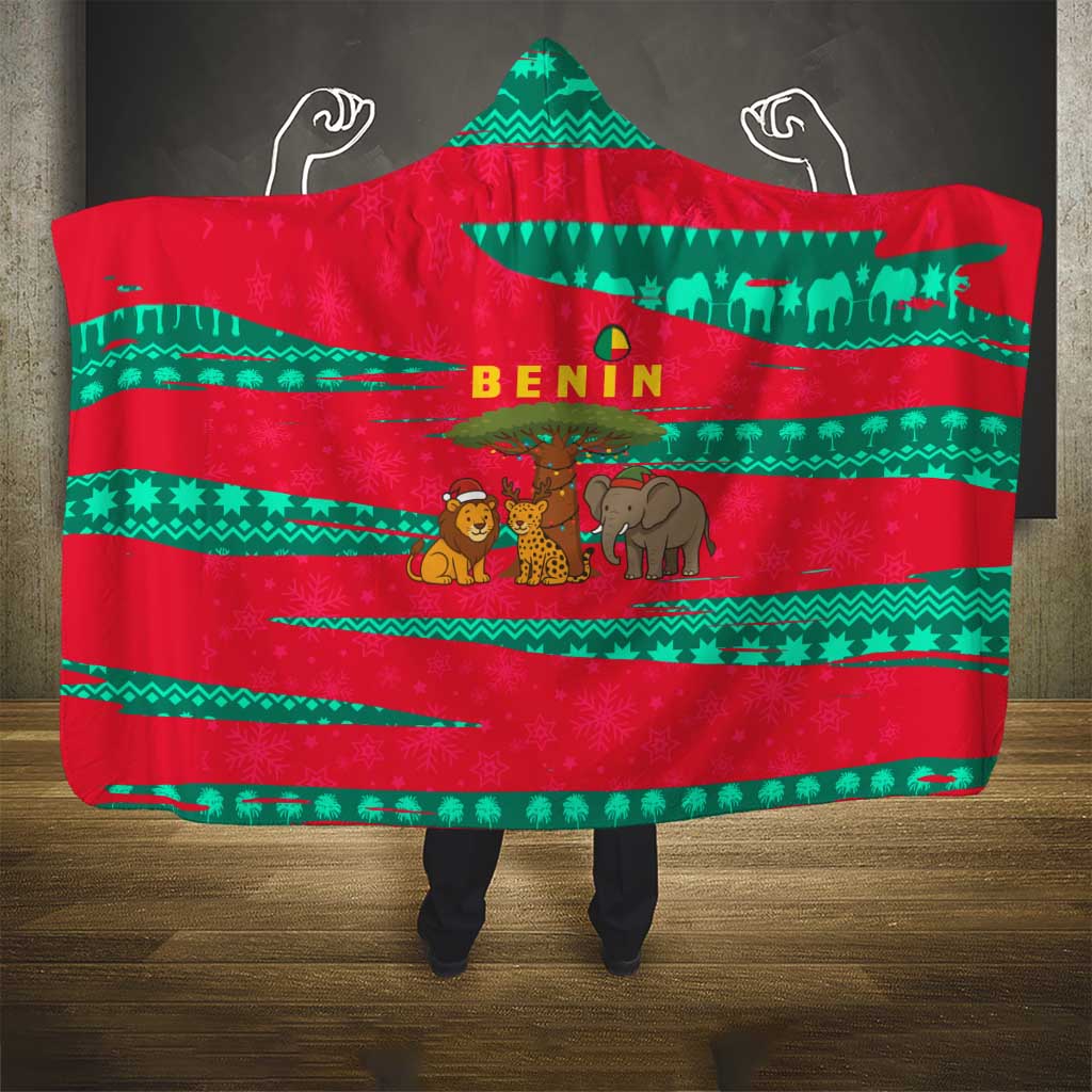 Benin Christmas Hooded Blanket with Safari Animals Baobab Tree and National Coat of Arms Design - Wonder Print Shop