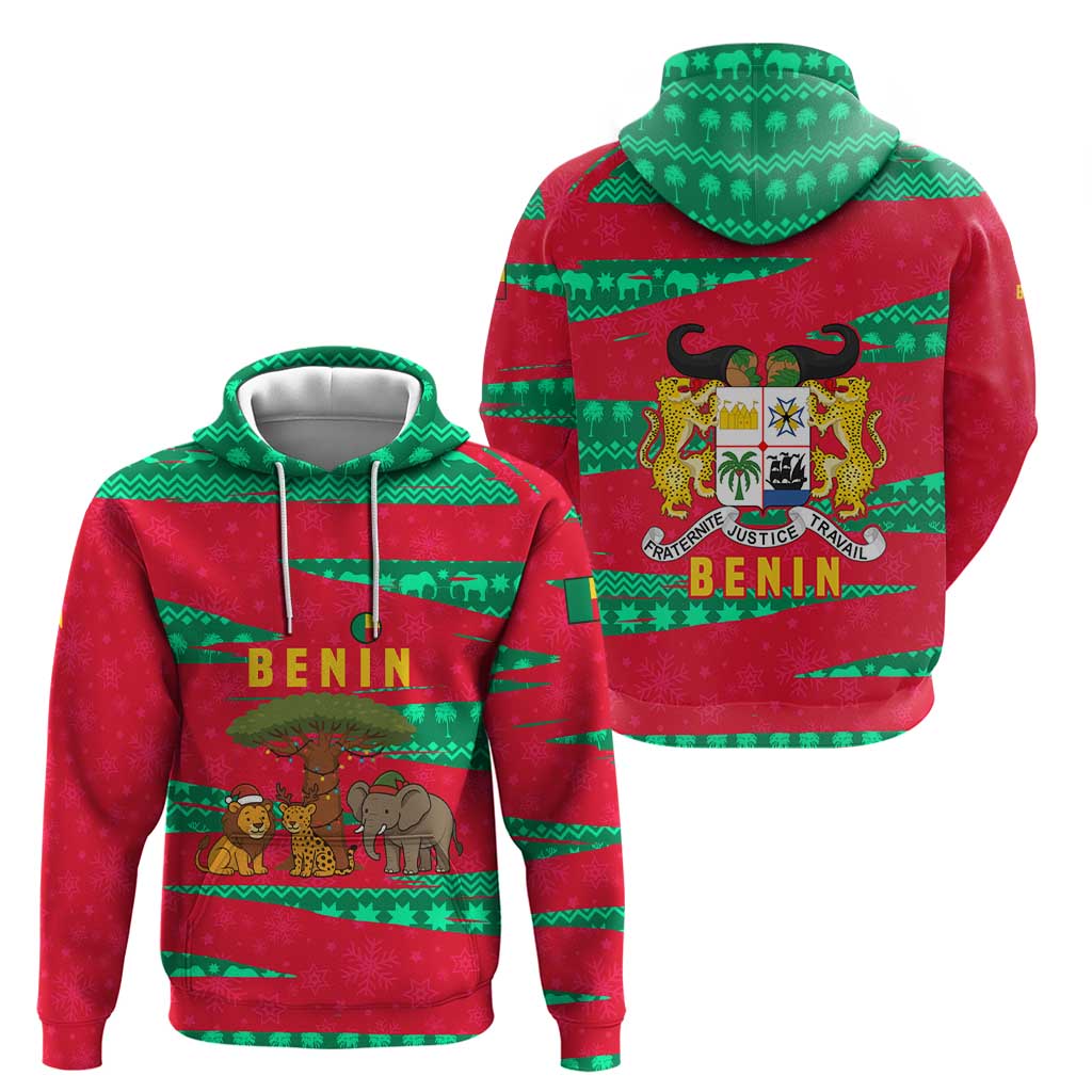 Benin Christmas Hoodie with Safari Animals Baobab Tree and National Coat of Arms Design - Wonder Print Shop