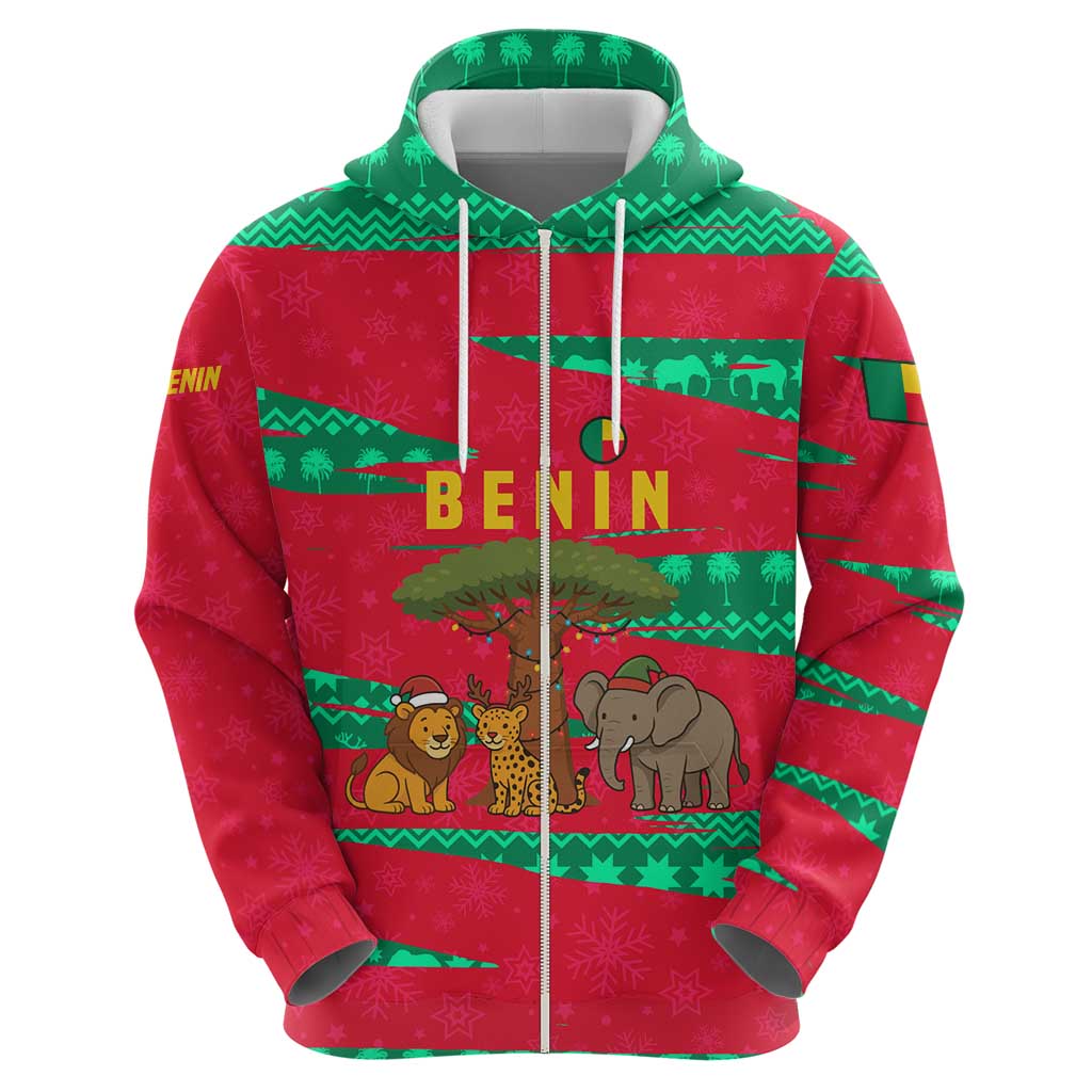 Benin Christmas Hoodie with Safari Animals Baobab Tree and National Coat of Arms Design - Wonder Print Shop