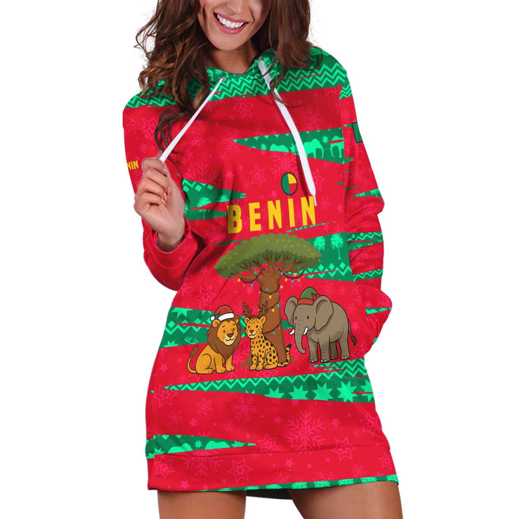 Benin Christmas Hoodie Dress with Safari Animals Baobab Tree and National Coat of Arms Design - Wonder Print Shop