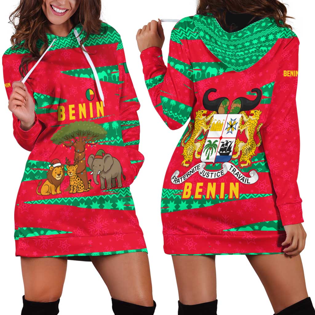 Benin Christmas Hoodie Dress with Safari Animals Baobab Tree and National Coat of Arms Design - Wonder Print Shop