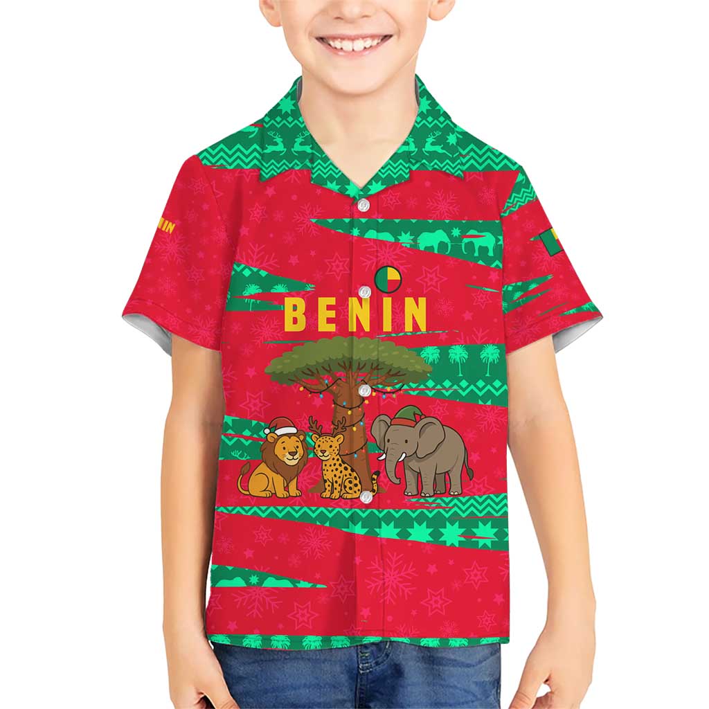 Benin Christmas Kid Hawaiian Shirt with Safari Animals Baobab Tree and National Coat of Arms Design - Wonder Print Shop