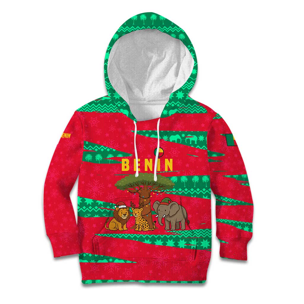 Benin Christmas Kid Hoodie with Safari Animals Baobab Tree and National Coat of Arms Design - Wonder Print Shop