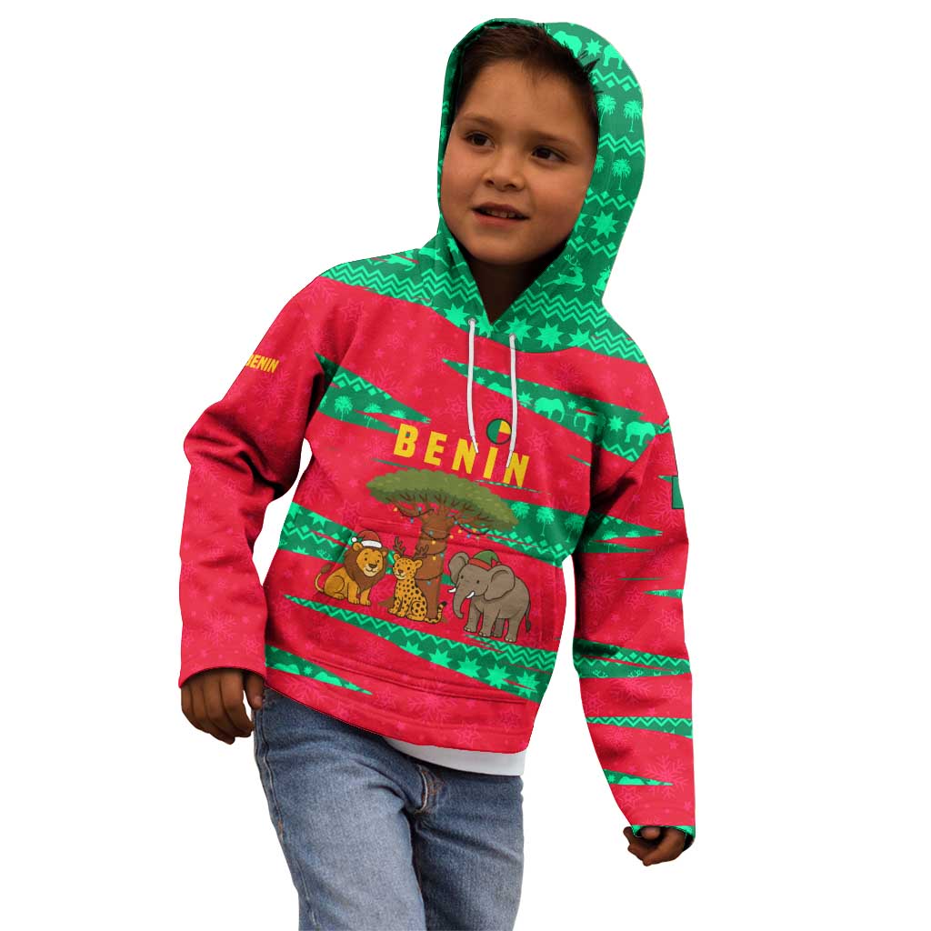 Benin Christmas Kid Hoodie with Safari Animals Baobab Tree and National Coat of Arms Design - Wonder Print Shop