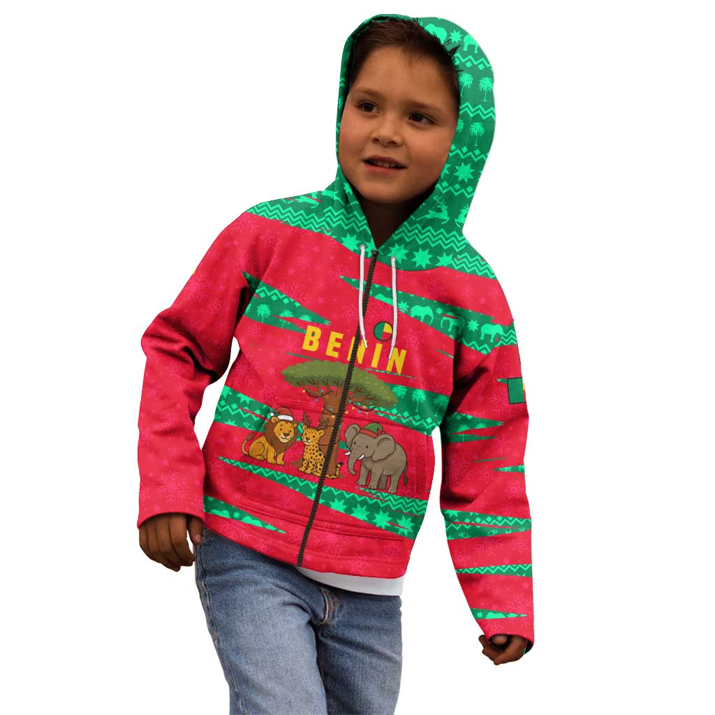 Benin Christmas Kid Hoodie with Safari Animals Baobab Tree and National Coat of Arms Design - Wonder Print Shop