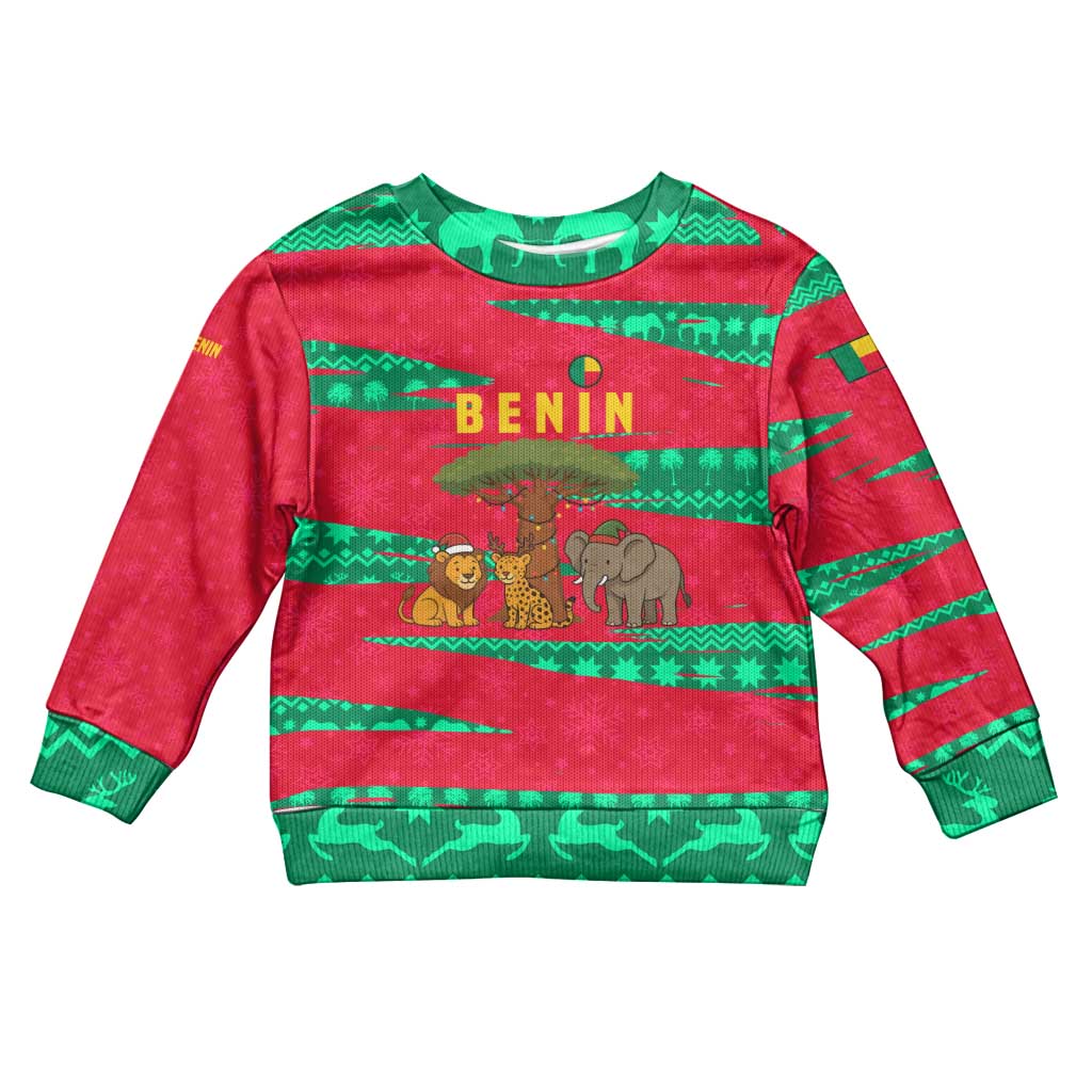 Benin Christmas Kid Ugly Christmas Sweater with Safari Animals Baobab Tree and National Coat of Arms Design - Wonder Print Shop