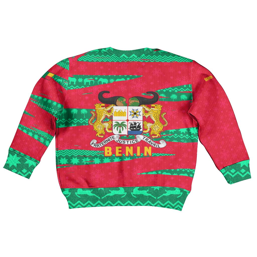 Benin Christmas Kid Ugly Christmas Sweater with Safari Animals Baobab Tree and National Coat of Arms Design - Wonder Print Shop