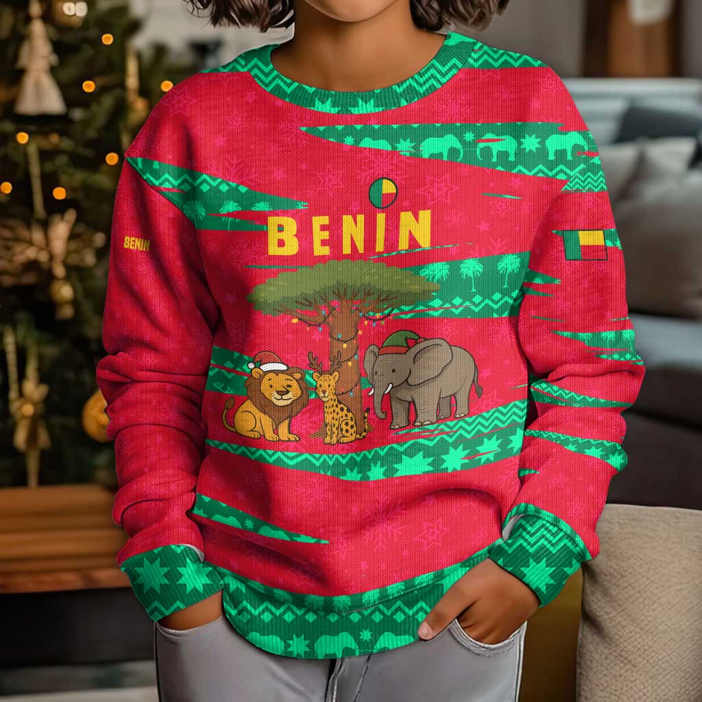 Benin Christmas Kid Ugly Christmas Sweater with Safari Animals Baobab Tree and National Coat of Arms Design - Wonder Print Shop