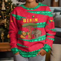 Benin Christmas Kid Ugly Christmas Sweater with Safari Animals Baobab Tree and National Coat of Arms Design - Wonder Print Shop