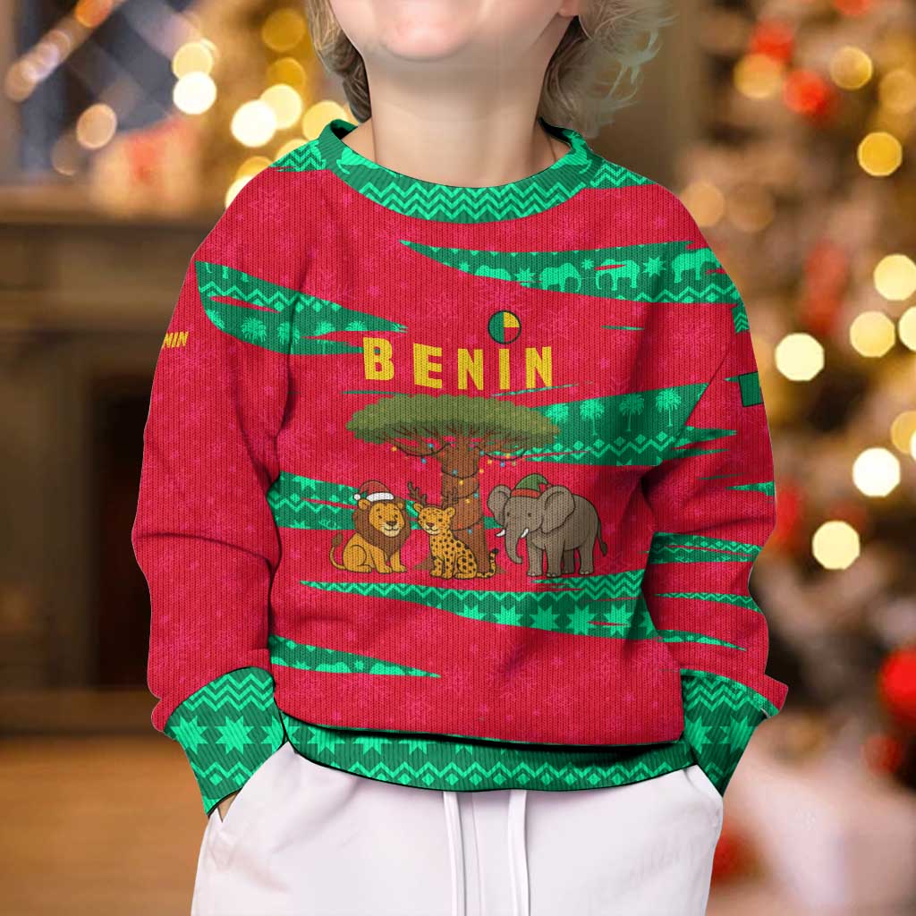 Benin Christmas Kid Ugly Christmas Sweater with Safari Animals Baobab Tree and National Coat of Arms Design - Wonder Print Shop