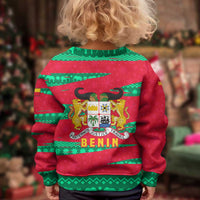 Benin Christmas Kid Ugly Christmas Sweater with Safari Animals Baobab Tree and National Coat of Arms Design - Wonder Print Shop