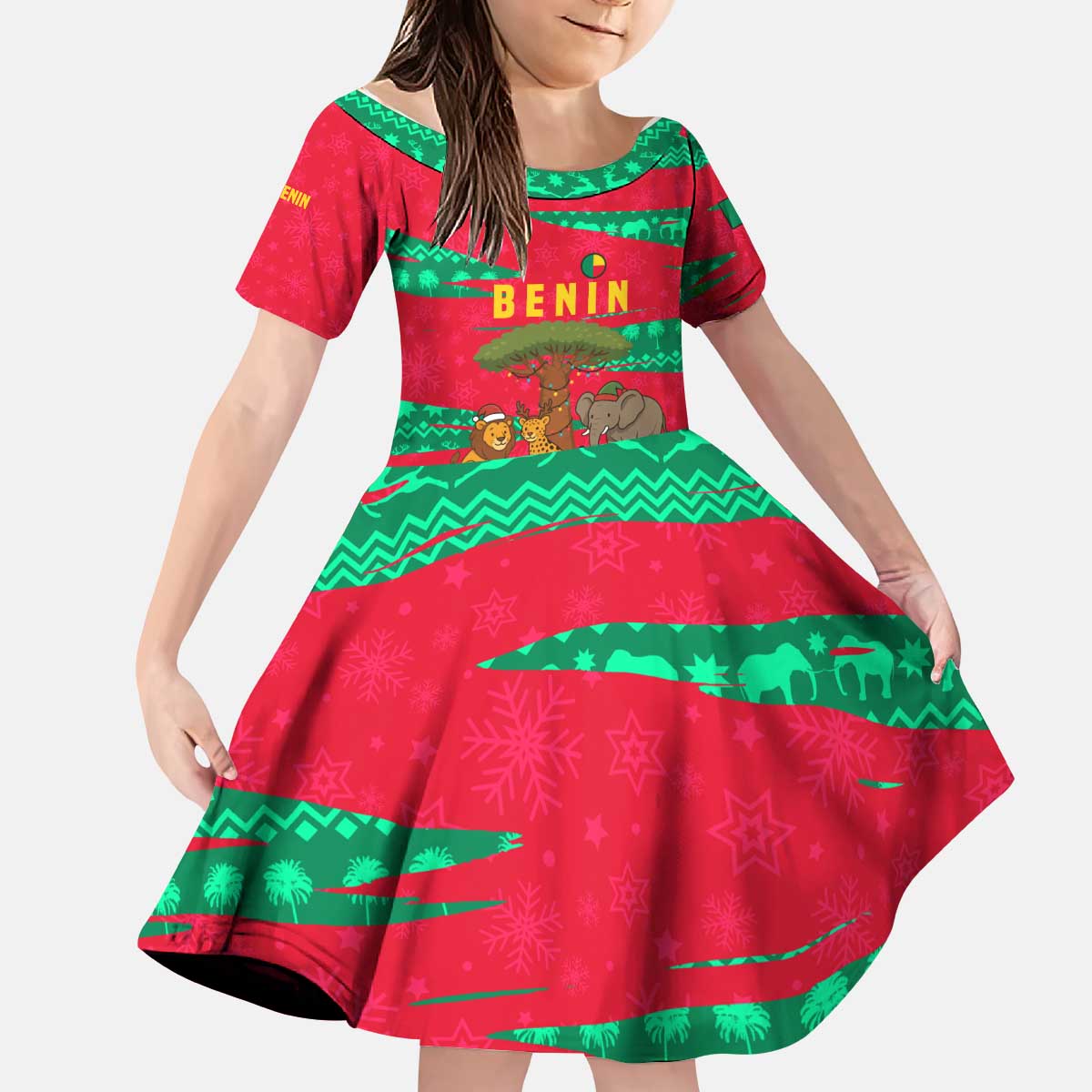 Benin Christmas Kid Short Sleeve Dress with Safari Animals Baobab Tree and National Coat of Arms Design - Wonder Print Shop