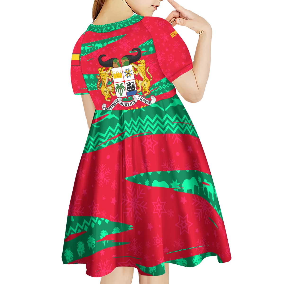 Benin Christmas Kid Short Sleeve Dress with Safari Animals Baobab Tree and National Coat of Arms Design - Wonder Print Shop