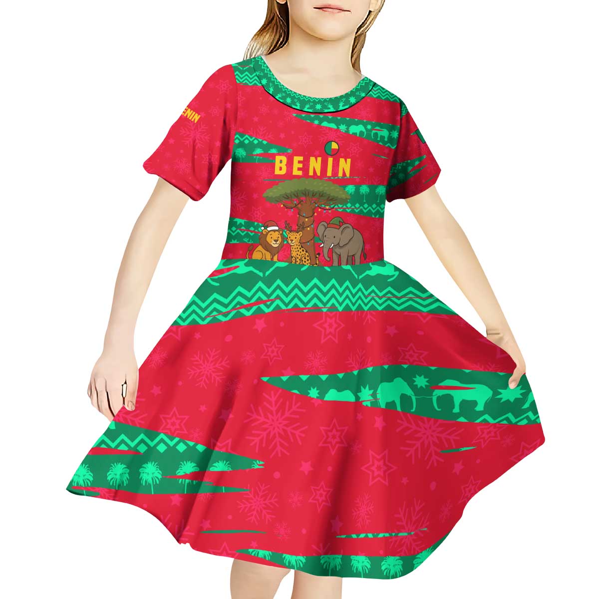 Benin Christmas Kid Short Sleeve Dress with Safari Animals Baobab Tree and National Coat of Arms Design - Wonder Print Shop