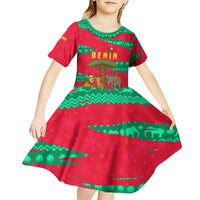 Benin Christmas Kid Short Sleeve Dress with Safari Animals Baobab Tree and National Coat of Arms Design - Wonder Print Shop